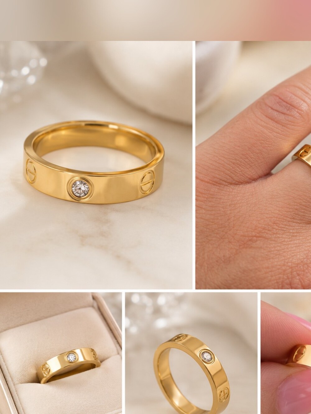 14K Gold-Plated Screw Band Ring with CZ Stone | Size 9 |